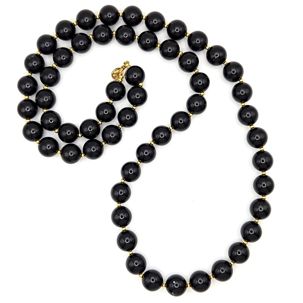 Vintage Black Lucite 12mm Bead Necklace Gold Tone Spacer Beads and Clasp